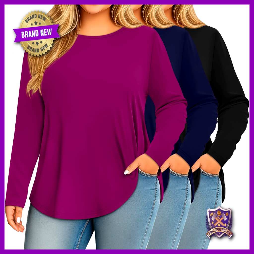 Plus Size Long Sleeve T-Shirts 3 Pack Stretchy Loose Fit Basic Tees